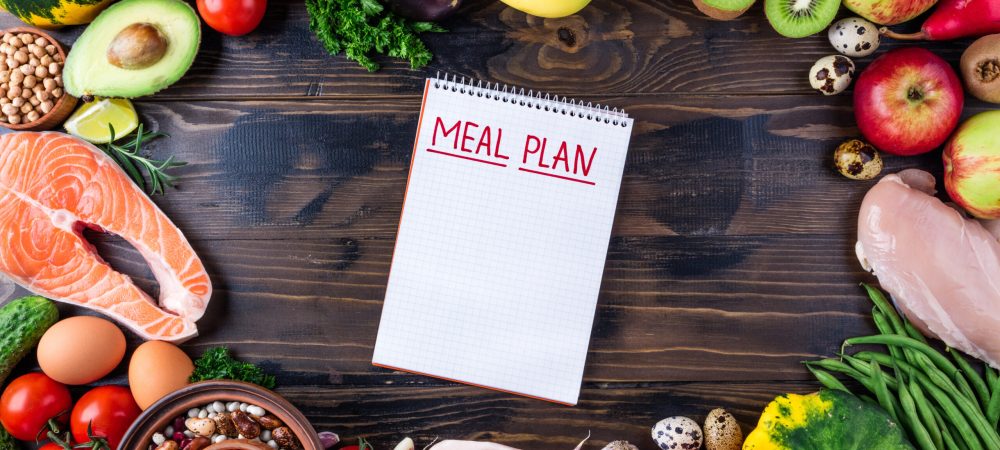 Selection of healthy food. Fresh organic vegetables, fruits, meat and fish. Healthy eating and meal plan concept. Top view